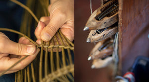 Natural home decor - Rachel Bower handweaving a willow basket (left) and Kasthall weaving loom wooden shuttles (right)
