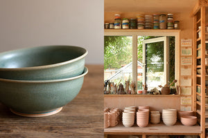 Meet the Maker - Carla Murdoch ceramics. On left are two stacked ramen bowls with a lichen colour glaze. On the right is a view of Carla pottery studio with pots on shelves and a view to the studio window.