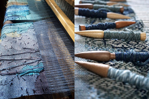 Woven art by textile artist Lucy Hayward on loom, left. Bobbins wound with nature inspired ocean colours on loom shown close up, right.