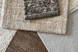 Natural, sustainable, biophilic rug samples from the Textures Collection by Knots Rugs, made from yak wool, wild silk, nettle and cactus renewable fibres.