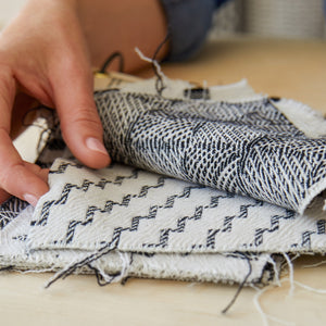Beatrice Larkin textile designer merino wool fabric swatches in studio