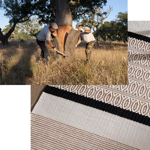 Cork oak trees being harvested for Recork sustainable rugs made from cork. The patterned weave of the rugs shown in detail. 