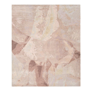 Knots Rugs' Mink Calcite Rug is hand knotted with meticulous skill and celebrates the beauty of nature’s precious stones. Delicate dusky and blush pinks, hand-dyed Tibetan wool and Chinese silk yarns add rich, textural character to this abstract design.