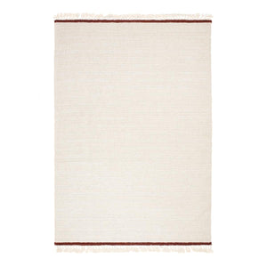 Knots Rugs’ Natural White Yak Wool Sumac Kilim Rug is made from 100% Yak woolIt features textured weave stripe effect in a natural creamy beige colour and is finished with a deep rusty red border and cream fringe at the ends.