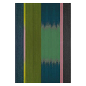 Gelim rug by Ptolemy Mann with an ikat stripe design where blue, teal, green and pink tones graduate gently from striking to subtle, in a distinctively feathered pattern.