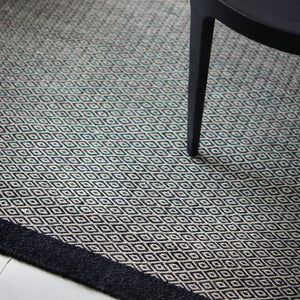 A close up of Fabula Living’s Black/Grey Balder Rug which has black and grey yarns woven together in this classic goose eye design framed with a dark trim either end - designed by Jens Landberg Schrøder.