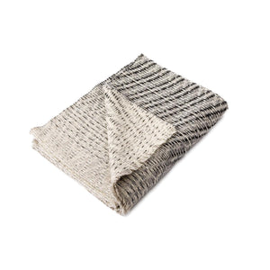 The Bristol Weaving Mill Wool and Linen Blanket in black and grey is folded with the corner turned back to show the complex weave pattern. 