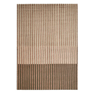 Tacto's Campos Blush Rug, this linear, textured and tonal striped rug is handwoven with an 8 mm wool pile. Colours graduate from rich earthy brown to blush pink - designed by Aranda Aloy Enblanc.