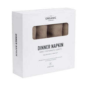 The Organic Company Clay Dinner Napkins in a branded box set of 4. Made from 100% GOTS certified organic cotton and woven with a herringbone weave pattern.