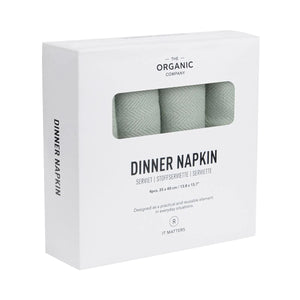The Organic Company dusty mint Dinner Napkins in a branded box set of 4. Made from 100% GOTS certified organic cotton and woven with a herringbone weave pattern.