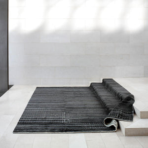 Fields Charcoal Landscape Rug is placed over a white floor and a few steps, slightly ruffled on one step  - by Rezas