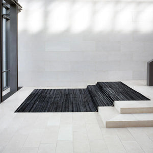 Fields Charcoal Landscape Rug is placed over a white floor and a few steps - by Rezas