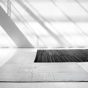 Fields Charcoal Landscape Rug is placed over a white floor and contrasting off white rug with the shade of a staircase projected on the white will behind - by Rezas
