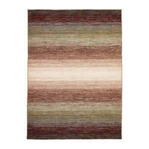 Rezas' Green Panorama Kelim Rug is gently striped with a colour pattern of warm chestnut browns through to mossy greens and a sandy beige.