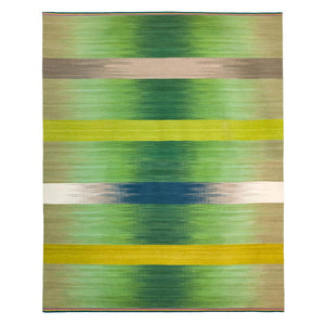 Green Spectrum flatweave wool rug has a zesty green ikat design, interrupted by contrasting colour stripes with a pinstripe detail at the either end - by Ptolemy Mann for Gelim