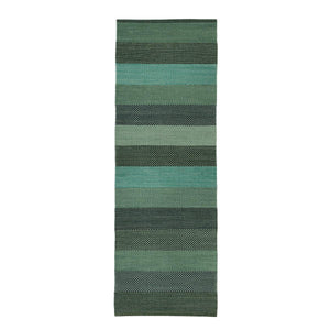 Fabula Living’s Green Veronica Rug has a three dimensional weave pattern which creates varied tonal effect, the rug features different shades of blues and greens in a overall striped block design - by Lisbet Friis