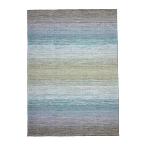 Grey Blue Panorama Kelim Rug has a gently striped colour pattern in harmonious hues that transition from warm grey and lavender through to ocean blues and olive greens - by Rezas