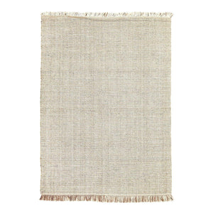 Grey white Nordic Flair Rug by Rezas with a textured and chunky weave in neutral tones and with a fringe at each end.