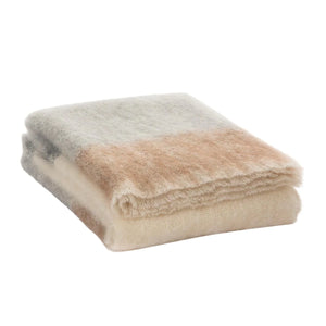 Owl Silare mohair throw blanket by Cushendale, features block stripes of chestnut, warm grey and cream.