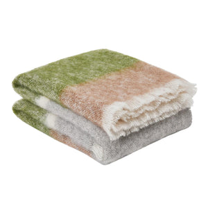 Rowan Silare mohair throw blanket by Cushendale, features block stripes of green, warm brown and grey.