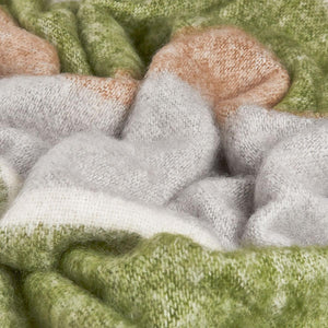 Close up of texture of Rowan Silare mohair throw blanket by Cushendale, features block stripes of green, warm brown and grey.