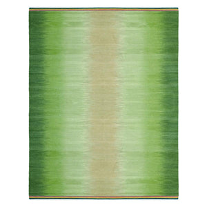 Sage Gelim rug by Ptolemy Mann with an ikat stripe design where bright green tones graduate gently from vibrant to paler tones in the centre of the rug, in a distinctively feathered pattern.