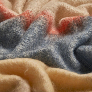A close up image of the texture on the Slate Silare mohair throw blanket by Cushendale, features block stripes of blue, apricot and beige